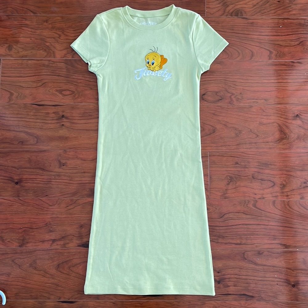 COPY - Looney Tunes Tweety Bird Pale Yellow Ribbed Bodycon Short Sleeve Dress
